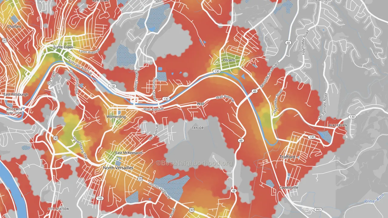 Walk Grade map of Wall, PA, walkable areas in green and car-dependent areas in red