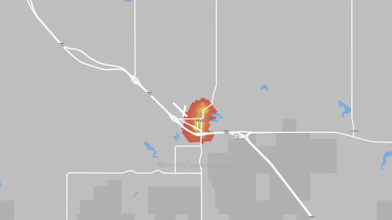Walk Grade map of Wall, SD, walkable areas in green and car-dependent areas in red