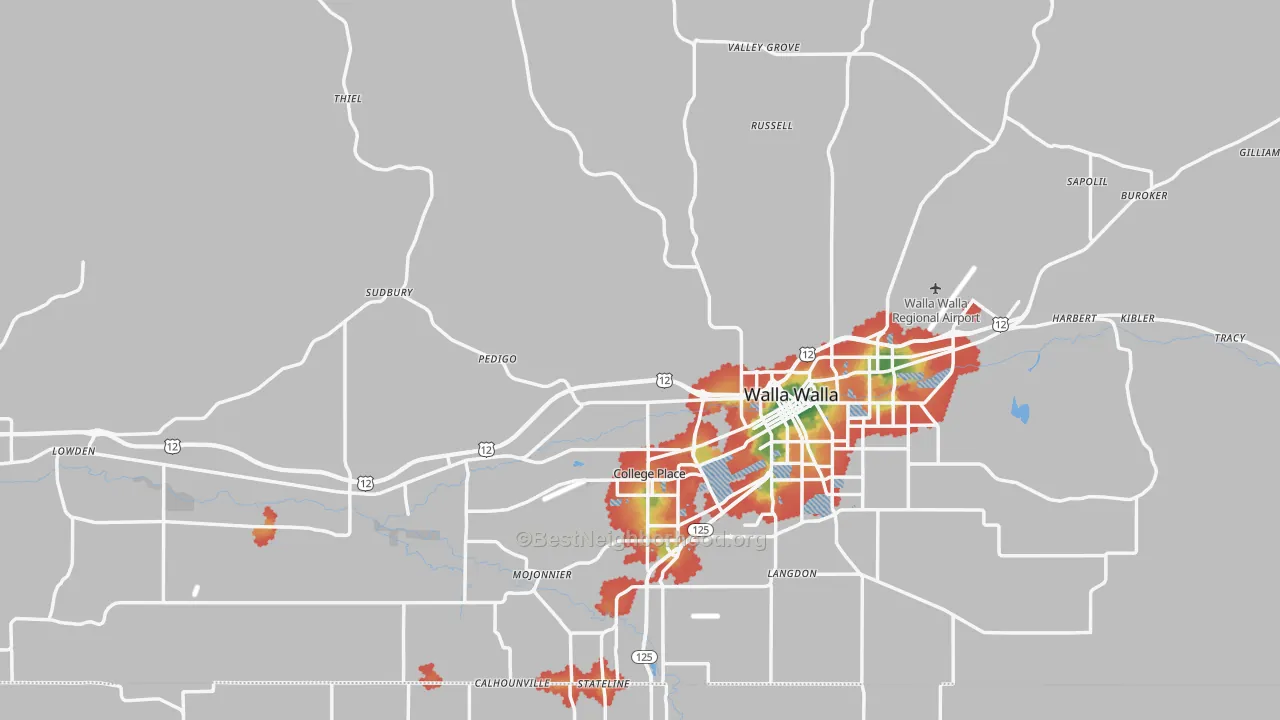 Walk Grade map of Walla Walla County, WA, walkable areas in green and car-dependent areas in red