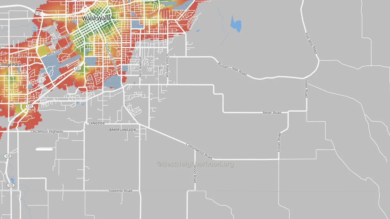Walk Grade map of Walla Walla East, WA, walkable areas in green and car-dependent areas in red
