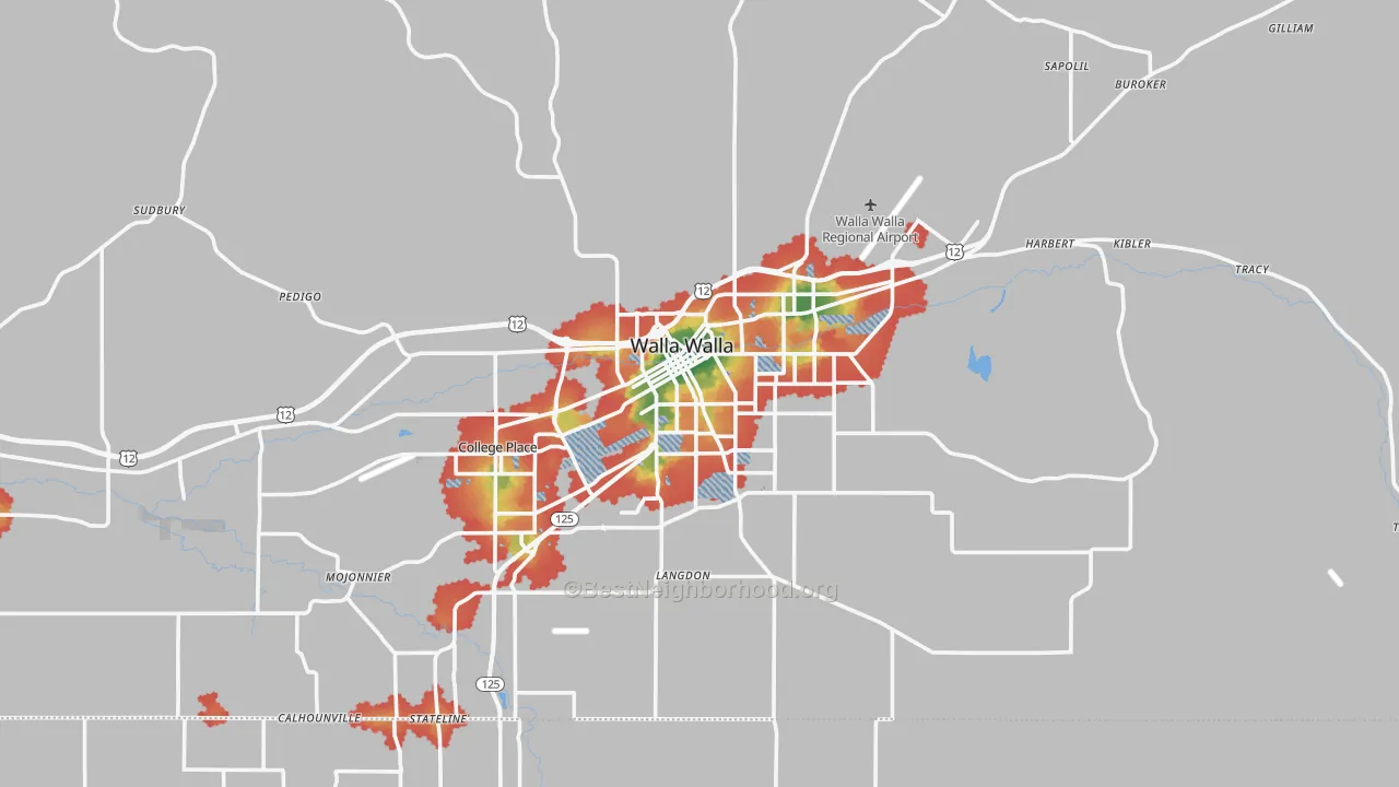 Walk Grade map of Walla Walla, WA, walkable areas in green and car-dependent areas in red