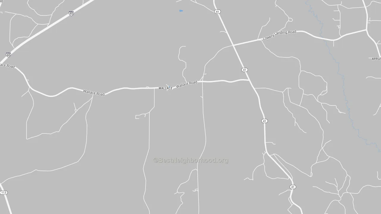 Walk Grade map of Wallace, AL, walkable areas in green and car-dependent areas in red