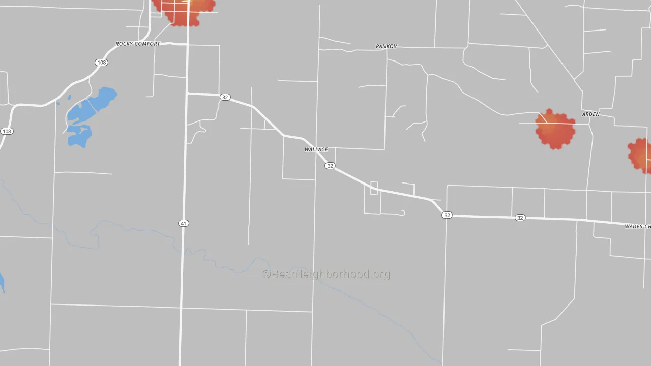 Walk Grade map of Wallace, AR, walkable areas in green and car-dependent areas in red