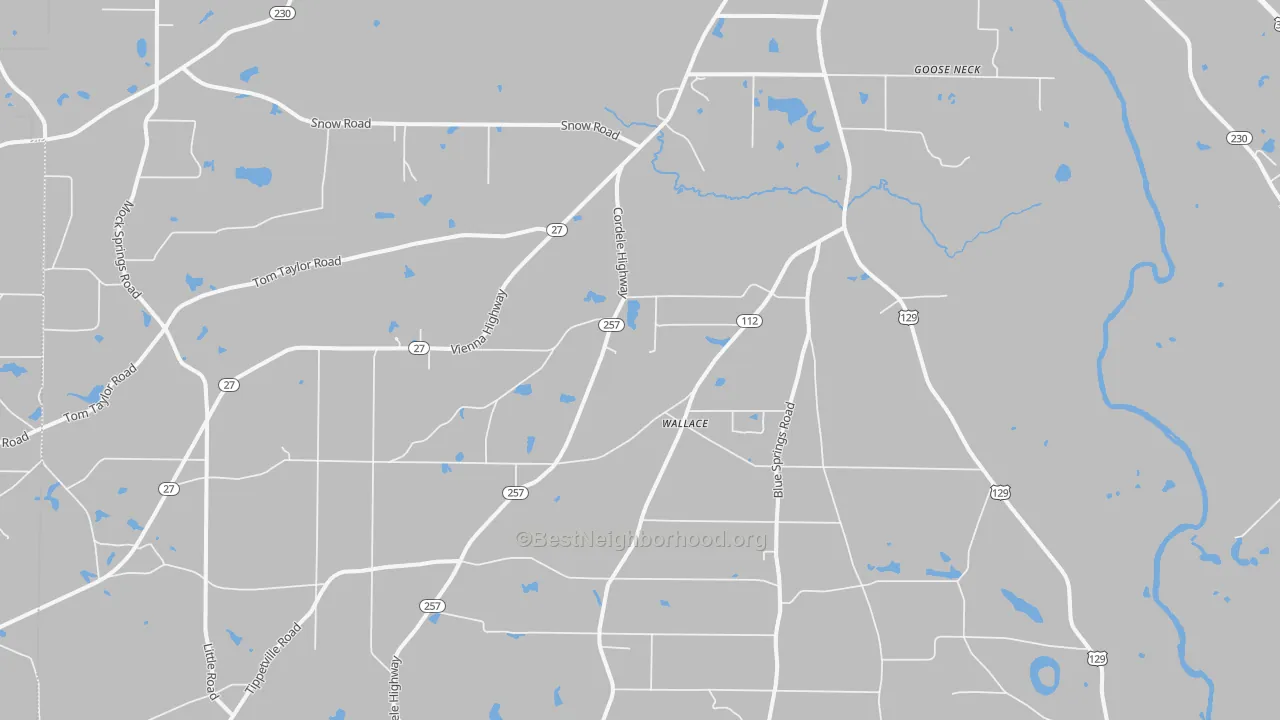 Walk Grade map of Wallace, GA, walkable areas in green and car-dependent areas in red