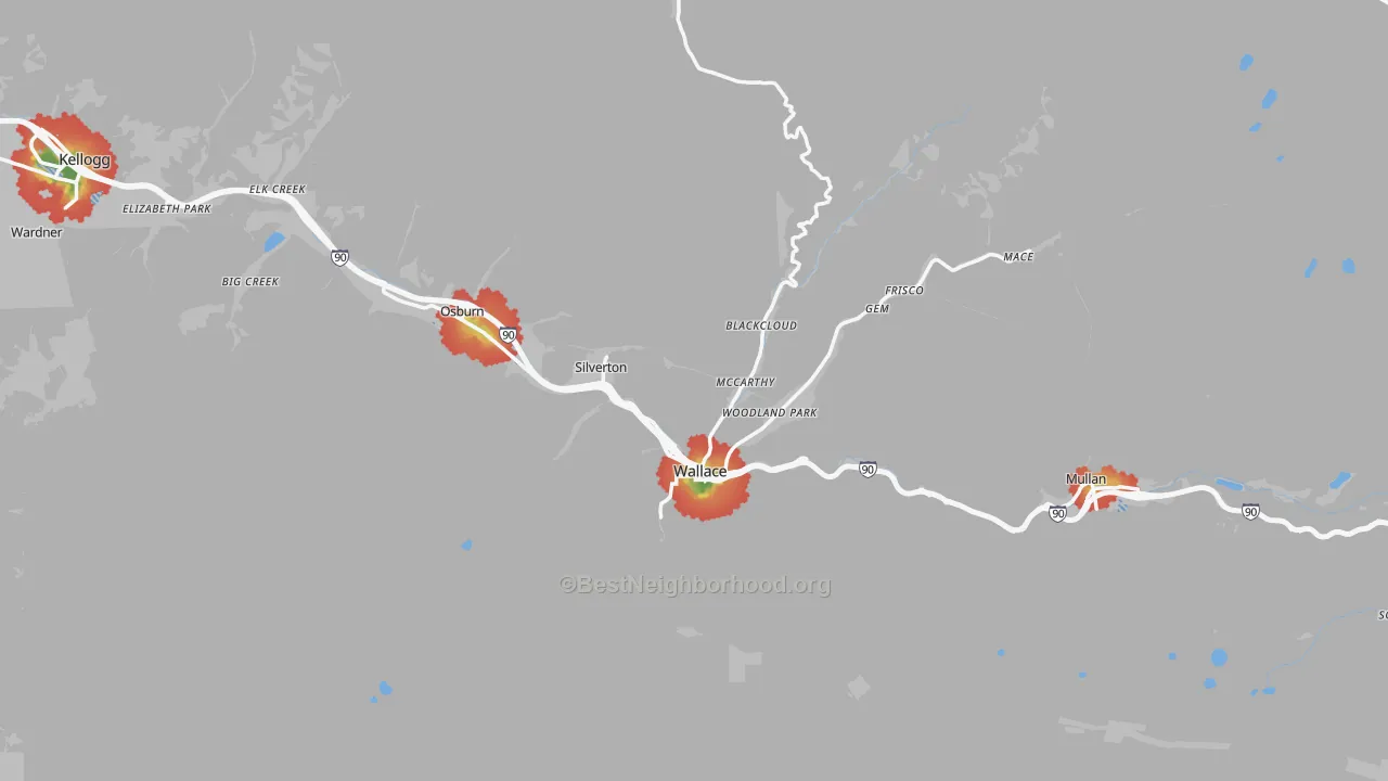 Walk Grade map of Wallace, ID, walkable areas in green and car-dependent areas in red