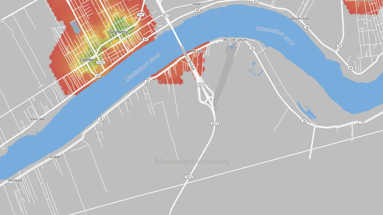 Walk Grade map of Wallace, LA, walkable areas in green and car-dependent areas in red