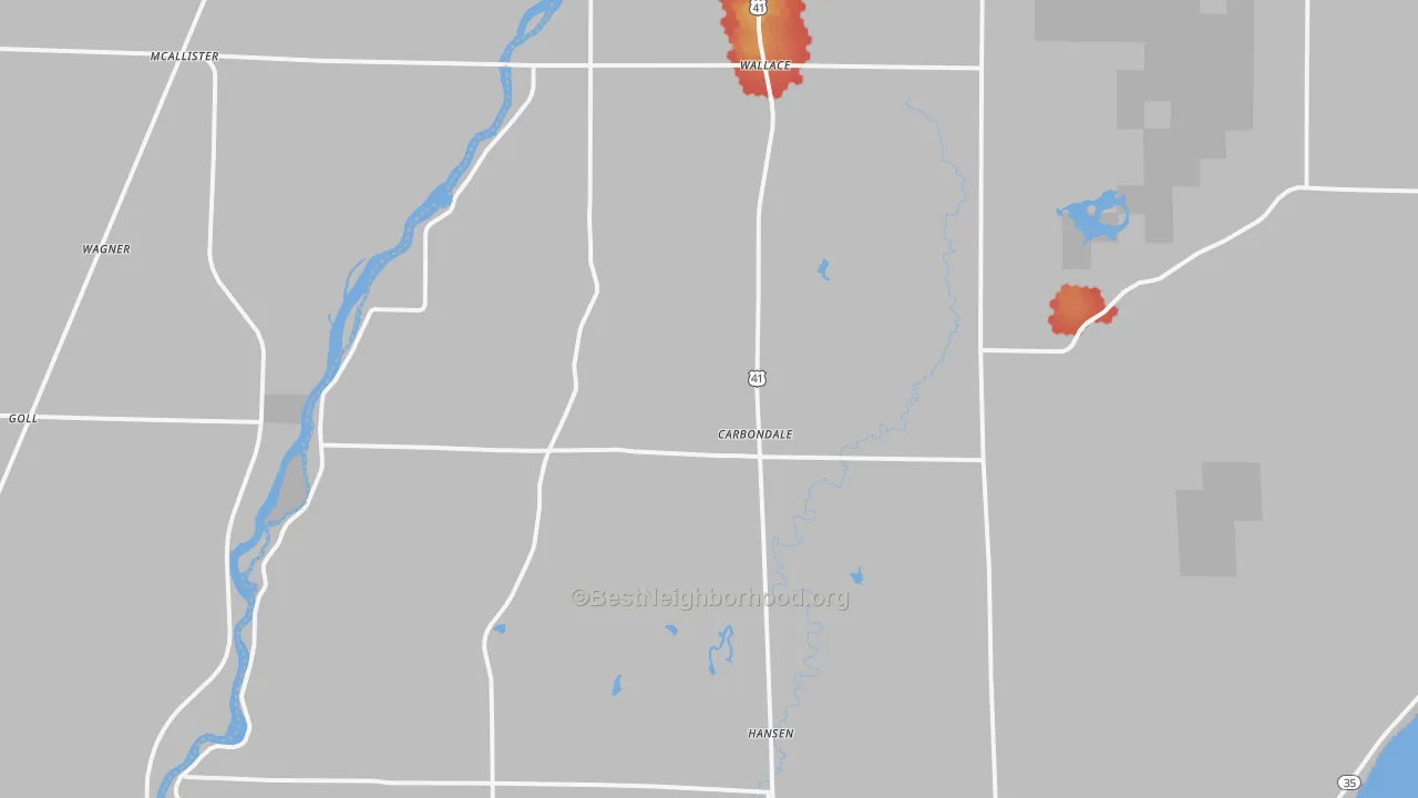 Walk Grade map of Wallace, MI, walkable areas in green and car-dependent areas in red