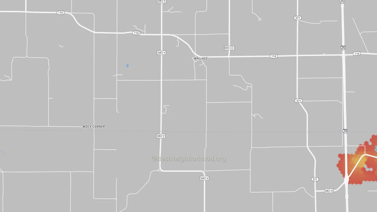 Walk Grade map of Wallace, MO, walkable areas in green and car-dependent areas in red