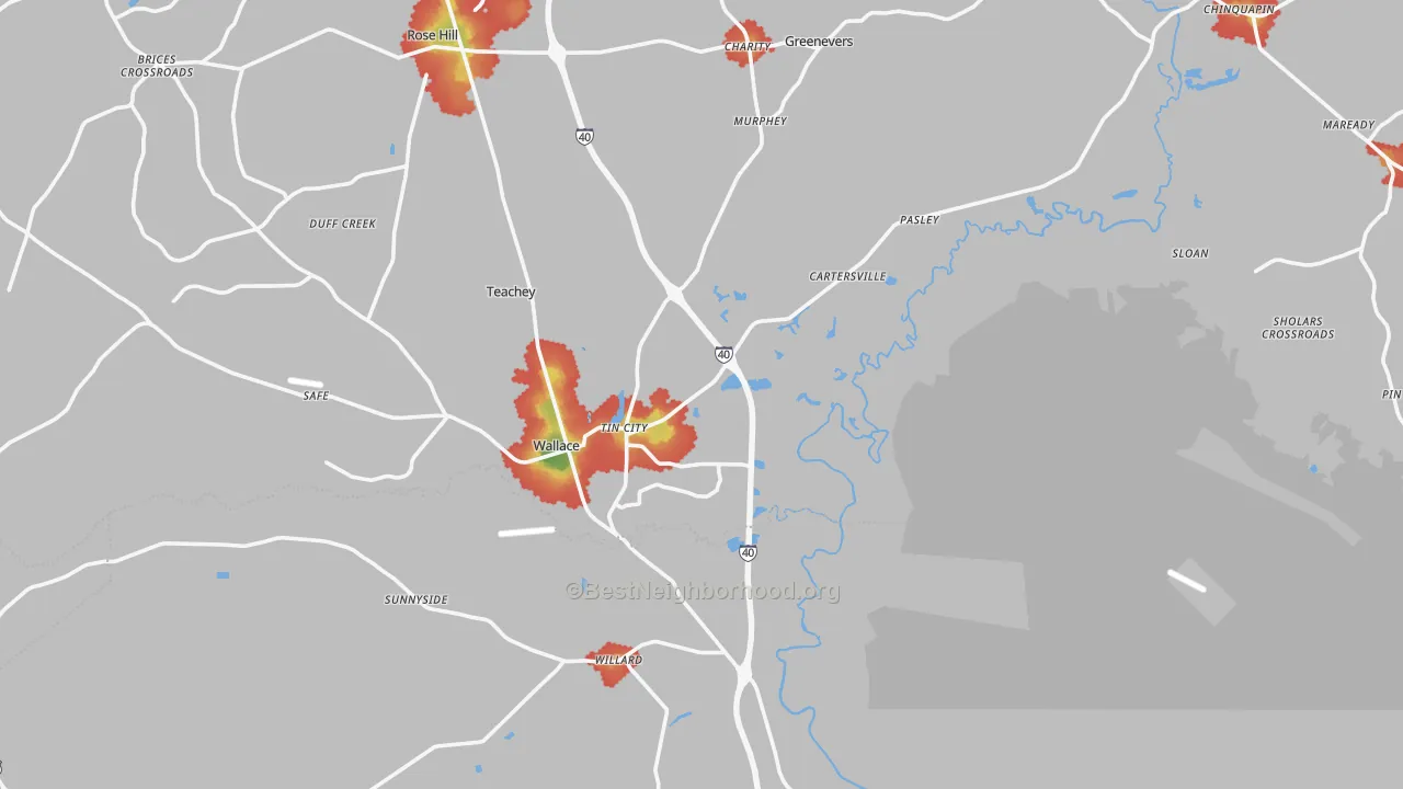 Walk Grade map of Wallace, NC, walkable areas in green and car-dependent areas in red