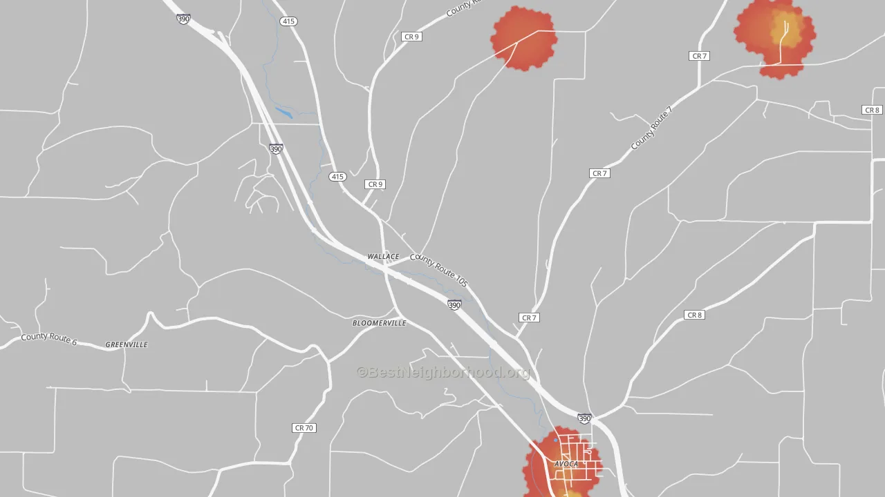Walk Grade map of Wallace, NY, walkable areas in green and car-dependent areas in red