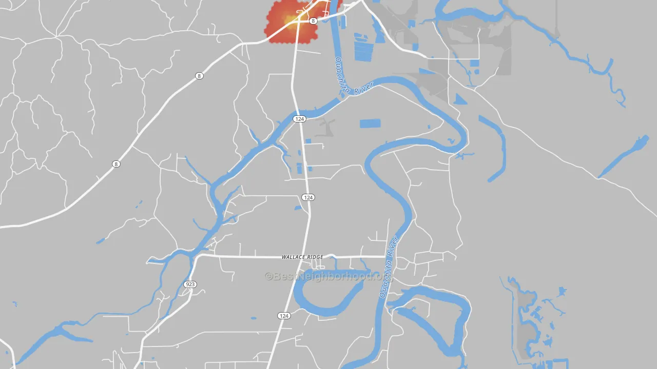 Walk Grade map of Wallace Ridge, LA, walkable areas in green and car-dependent areas in red