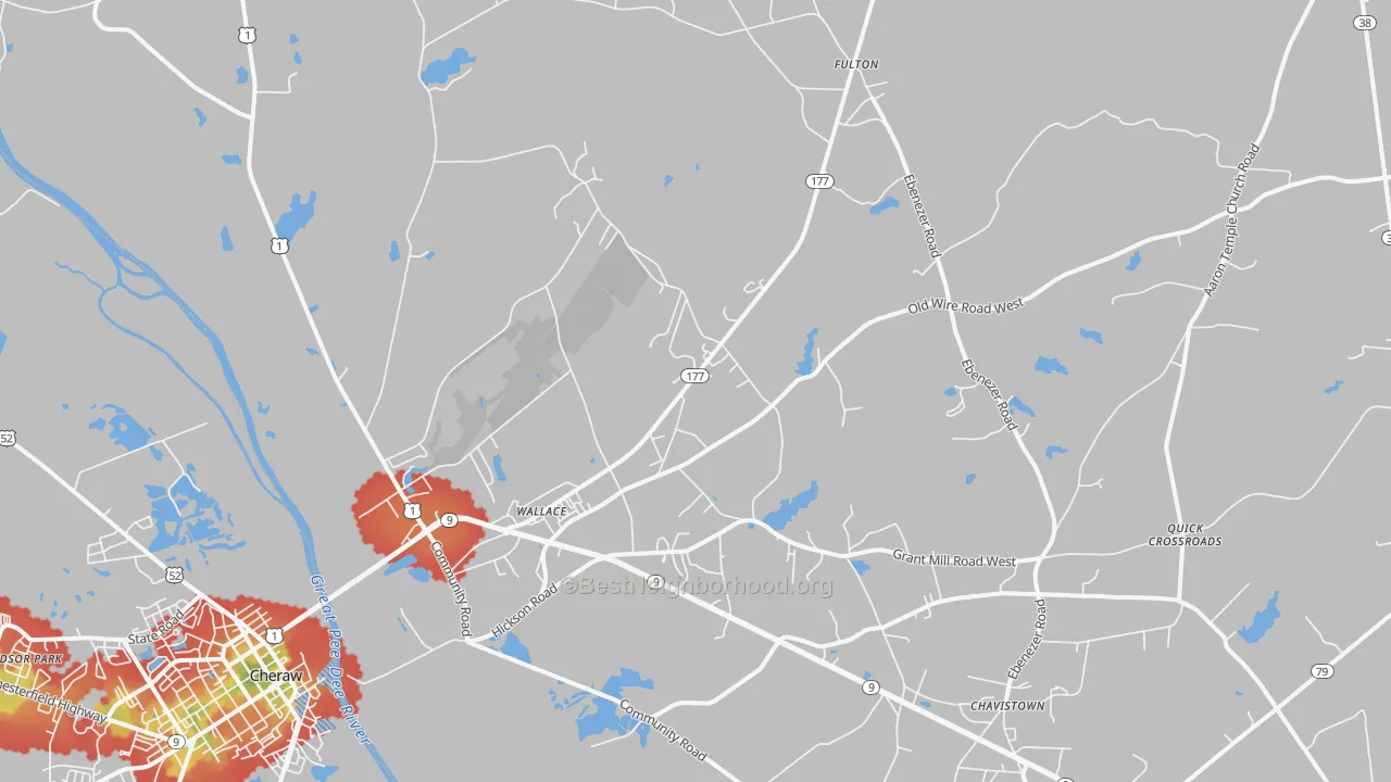 Walk Grade map of Wallace, SC, walkable areas in green and car-dependent areas in red