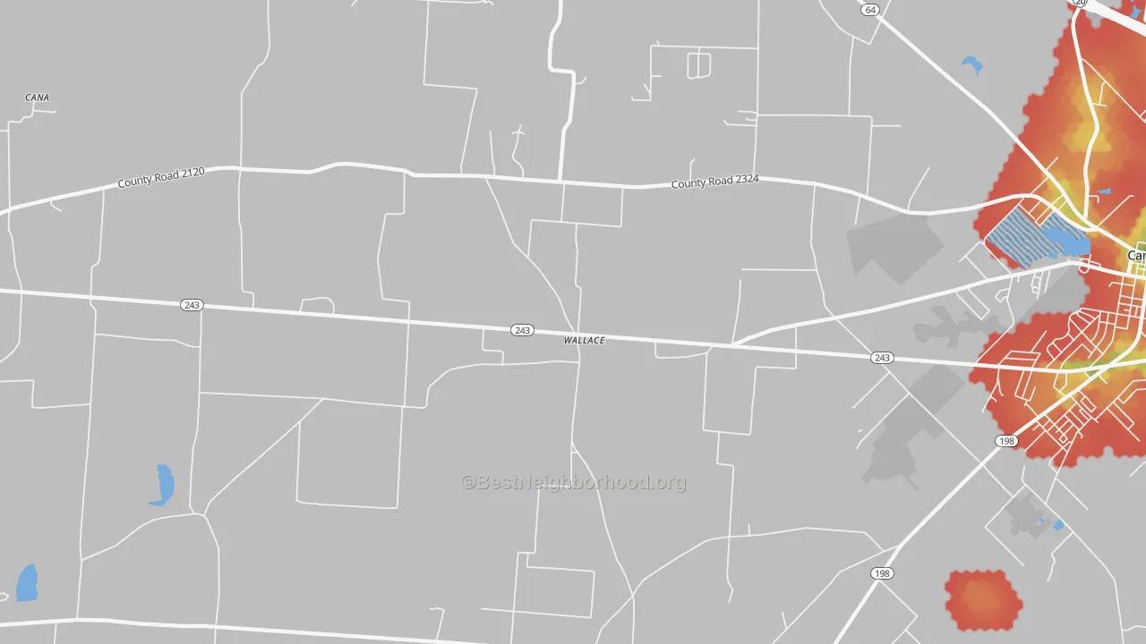 Walk Grade map of Wallace, TX, walkable areas in green and car-dependent areas in red