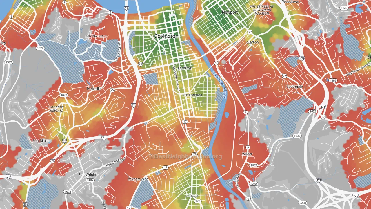 Walk Grade map of Wallace Woods, Covington, KY, walkable areas in green and car-dependent areas in red