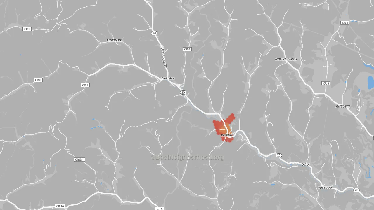 Walk Grade map of Wallace, WV, walkable areas in green and car-dependent areas in red