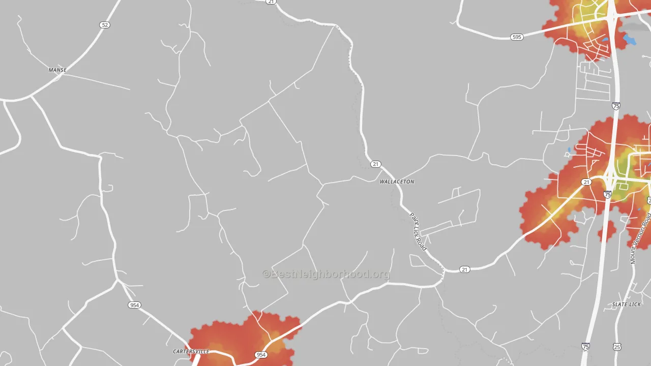 Walk Grade map of Wallaceton, KY, walkable areas in green and car-dependent areas in red