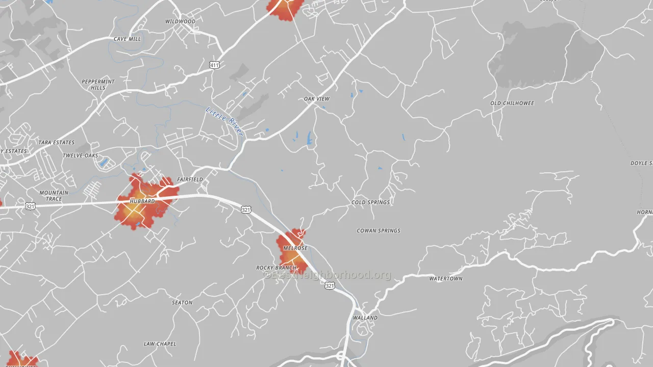 Walk Grade map of Walland, TN, walkable areas in green and car-dependent areas in red