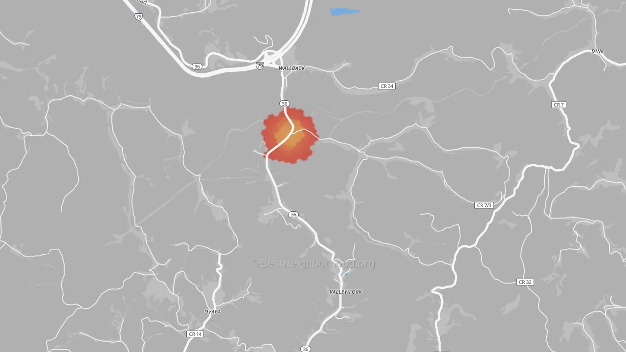Walk Grade map of Wallback, WV, walkable areas in green and car-dependent areas in red