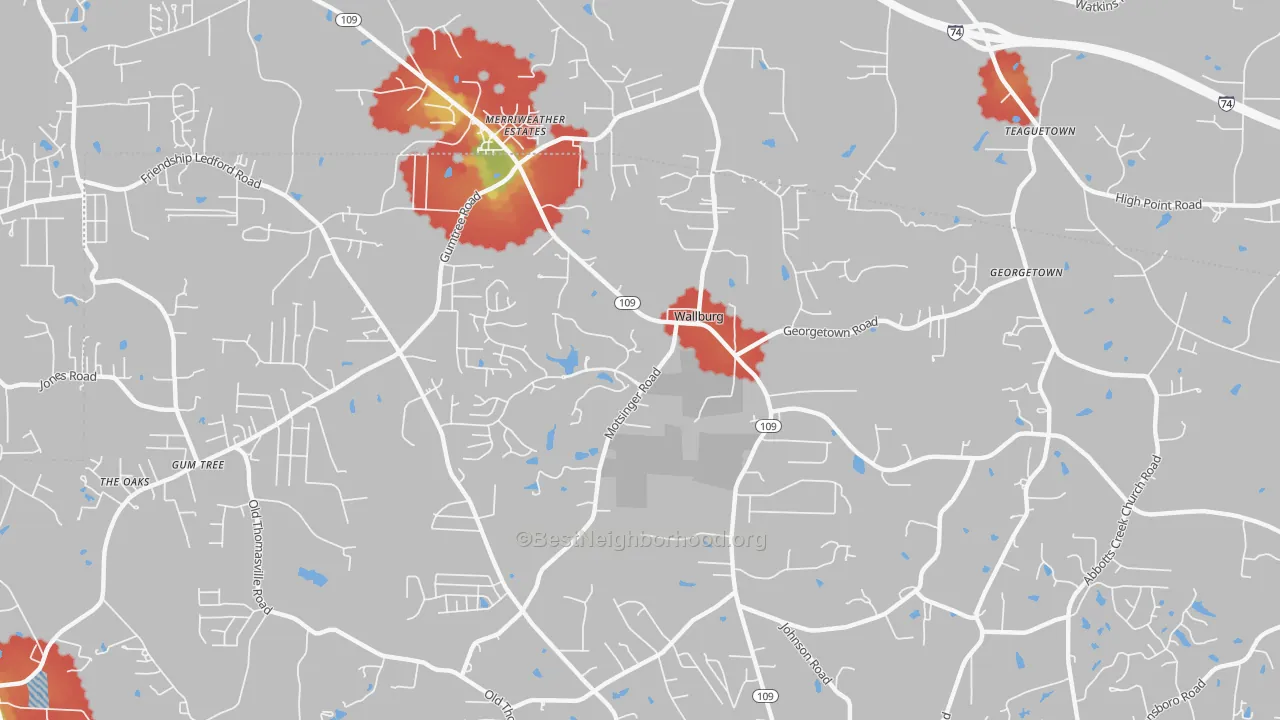 Walk Grade map of Wallburg, NC, walkable areas in green and car-dependent areas in red