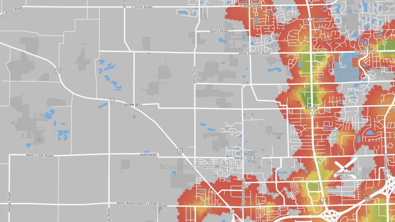 Walk Grade map of Wallen, IN, walkable areas in green and car-dependent areas in red