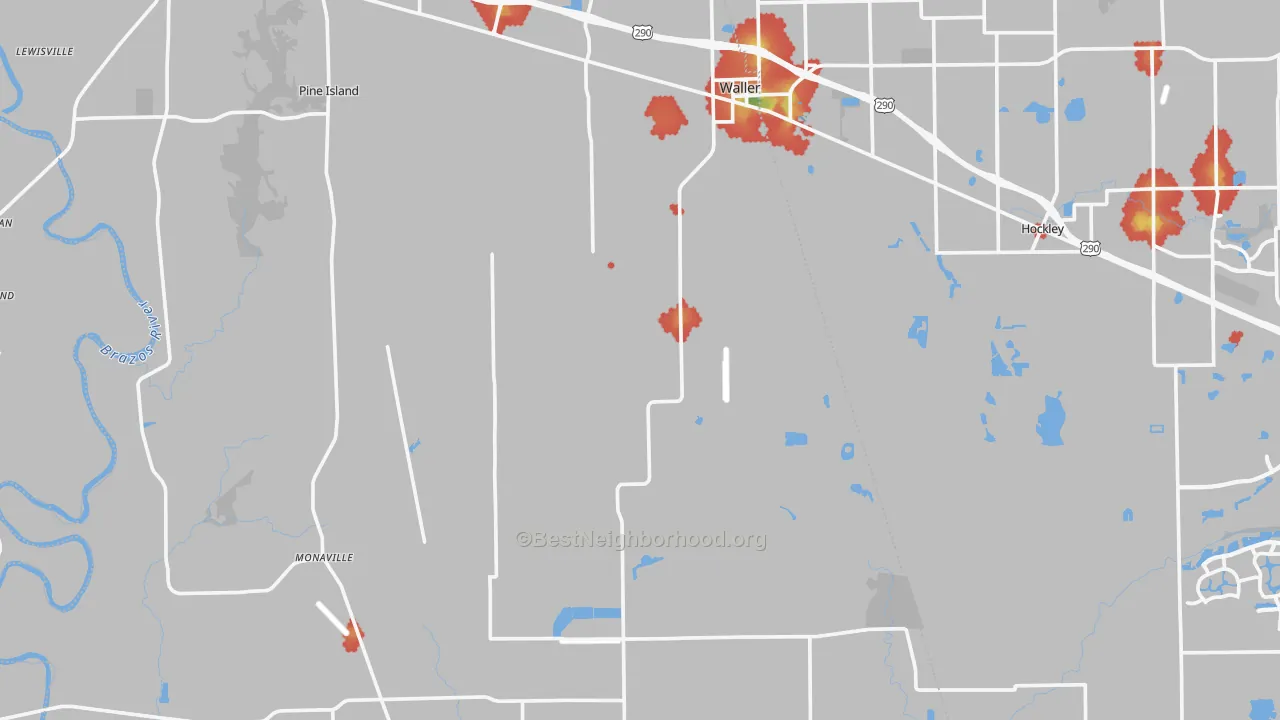 Walk Grade map of Waller County, TX, walkable areas in green and car-dependent areas in red