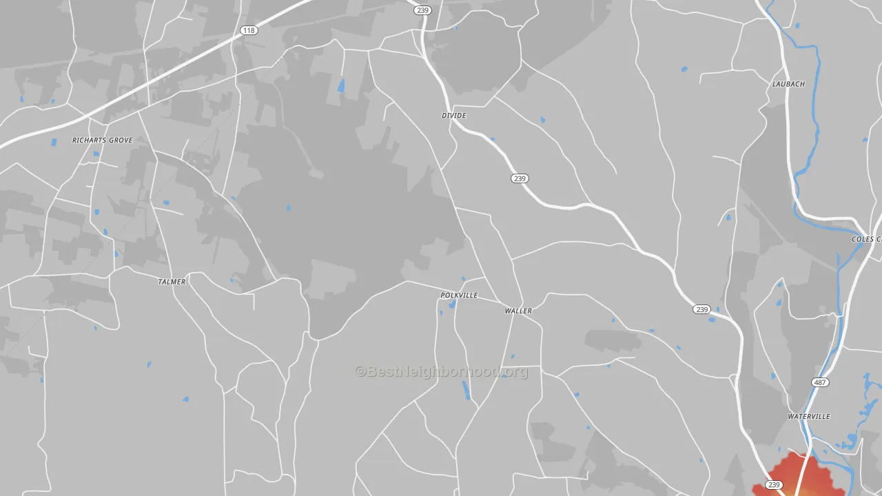 Walk Grade map of Waller, PA, walkable areas in green and car-dependent areas in red