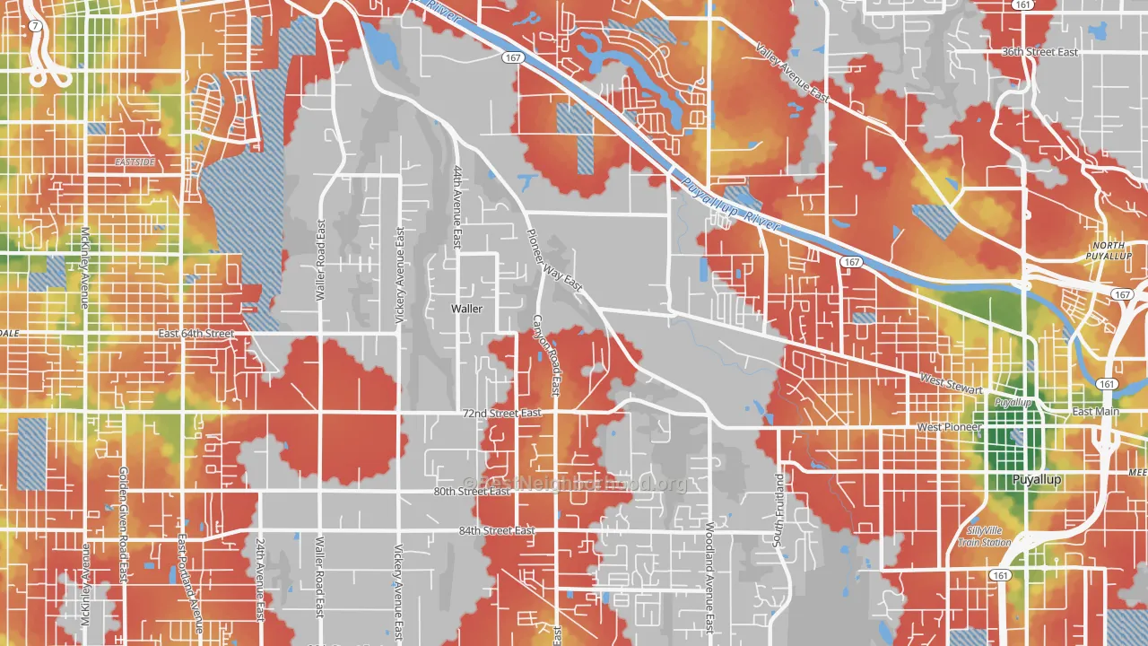 Walk Grade map of Waller, Tacoma, WA, walkable areas in green and car-dependent areas in red