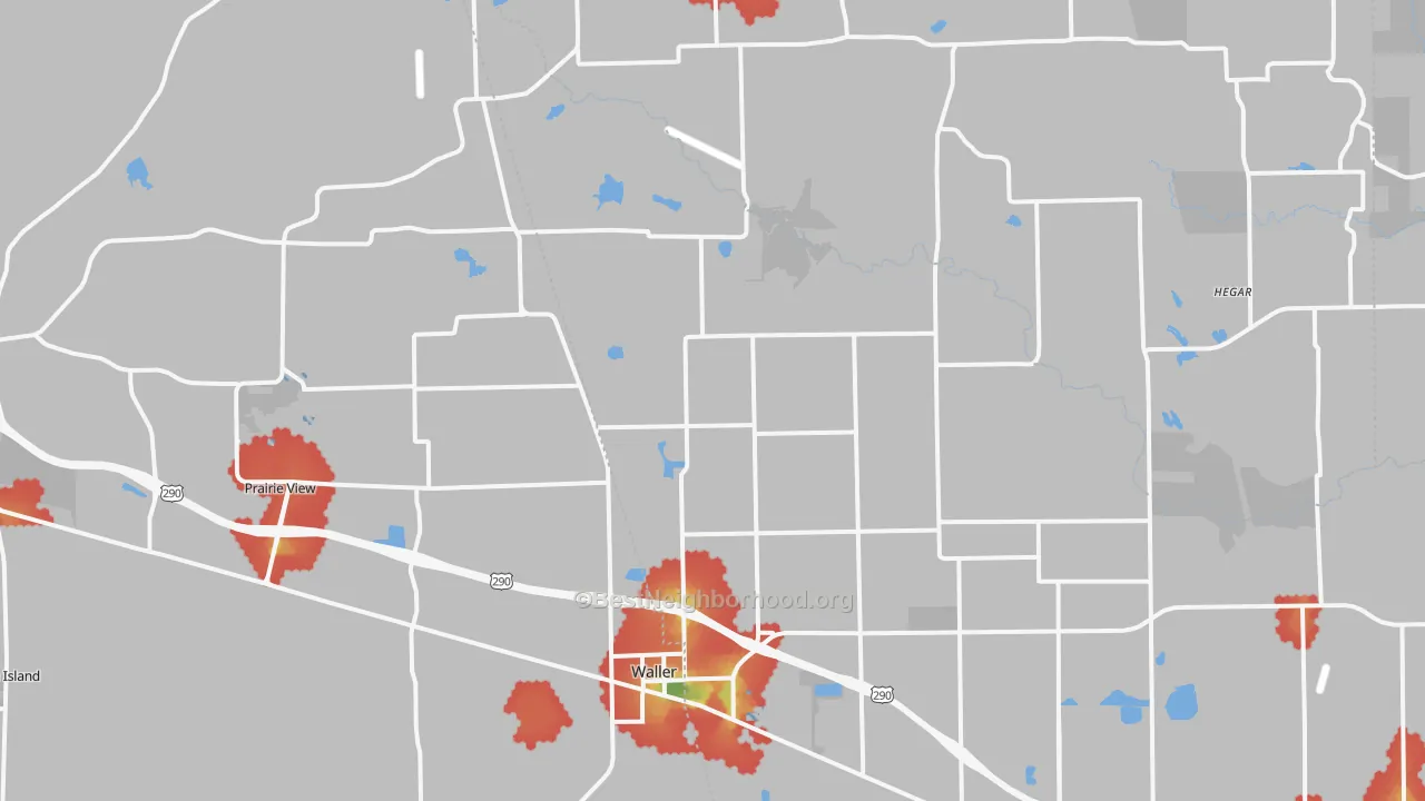 Walk Grade map of Waller, TX, walkable areas in green and car-dependent areas in red