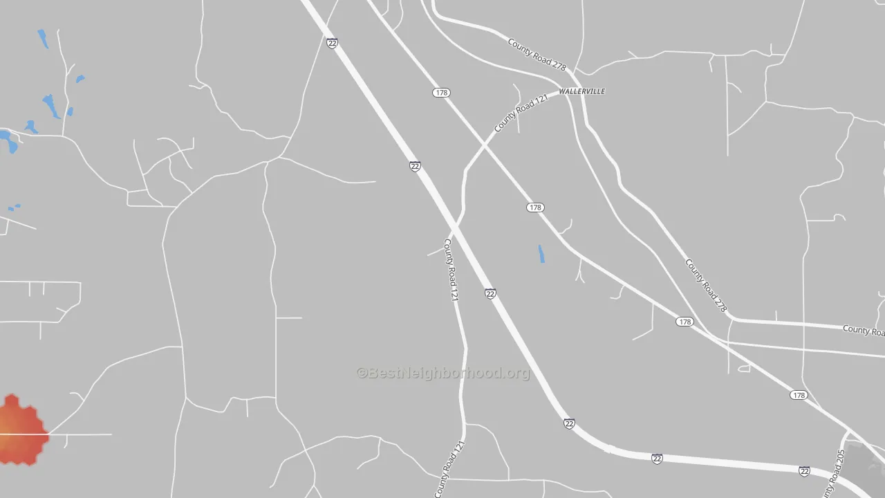 Walk Grade map of Wallerville, MS, walkable areas in green and car-dependent areas in red