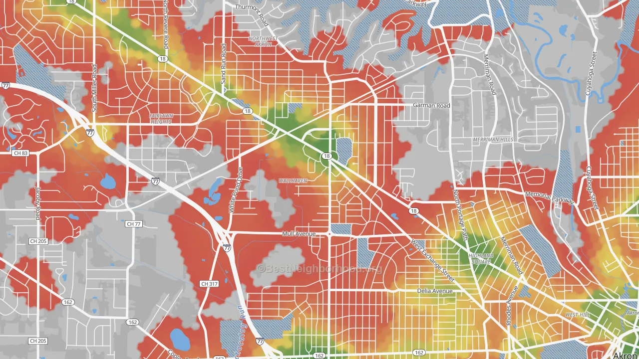 Walk Grade map of Wallhaven, Akron, OH, walkable areas in green and car-dependent areas in red