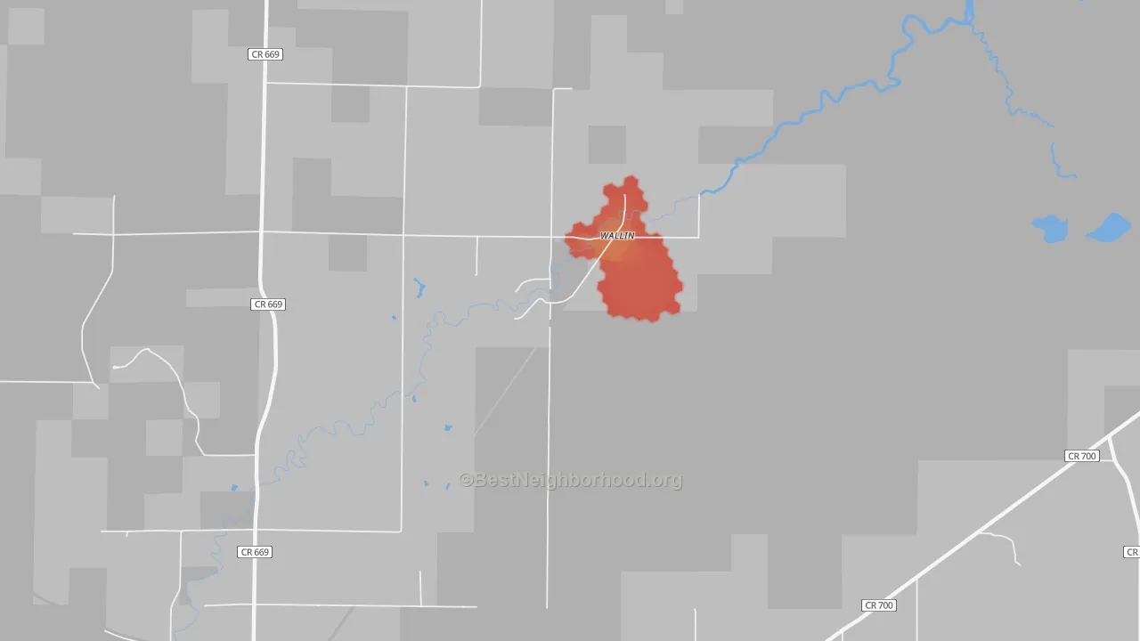 Walk Grade map of Wallin, MI, walkable areas in green and car-dependent areas in red