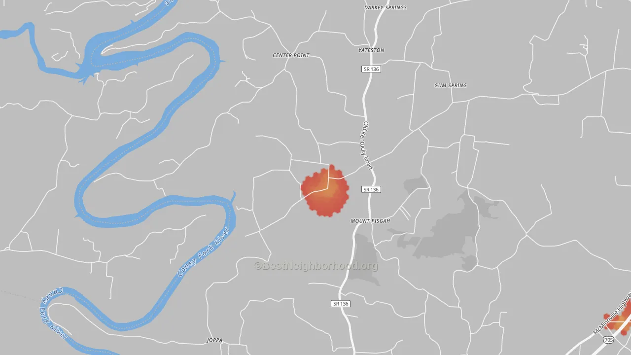Walk Grade map of Walling, TN, walkable areas in green and car-dependent areas in red