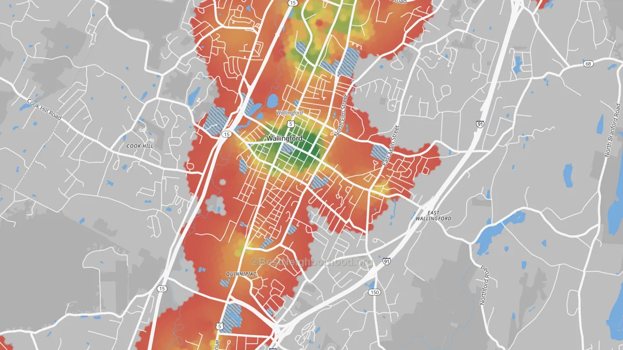 Walk Grade map of Wallingford Center, CT, walkable areas in green and car-dependent areas in red
