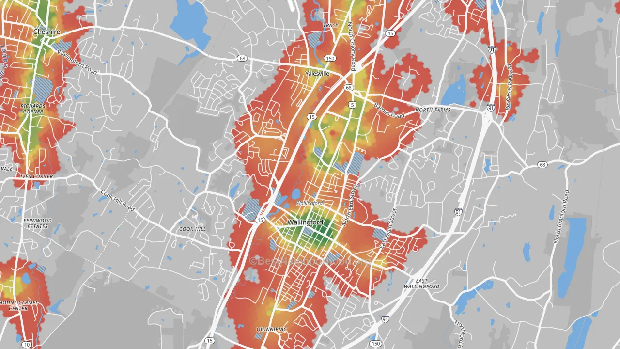 Walk Grade map of Wallingford, CT, walkable areas in green and car-dependent areas in red