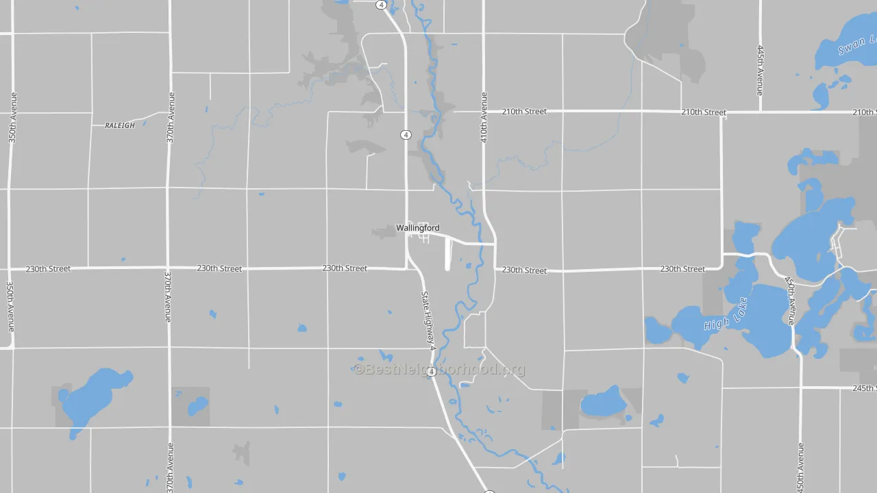 Walk Grade map of Wallingford, IA, walkable areas in green and car-dependent areas in red