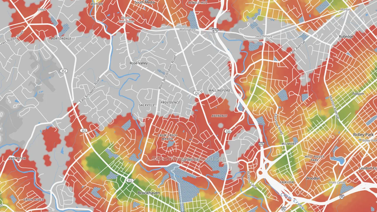 Walk Grade map of Wallingford, PA, walkable areas in green and car-dependent areas in red
