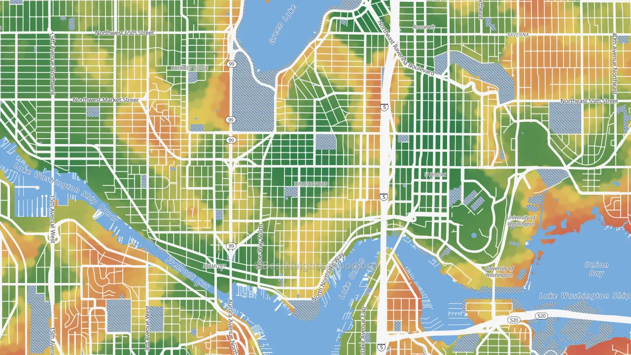 Walk Grade map of Wallingford, Seattle, WA, walkable areas in green and car-dependent areas in red