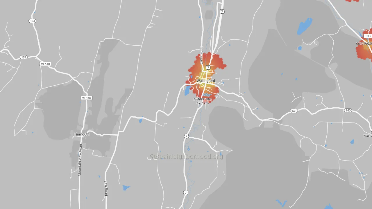 Walk Grade map of Wallingford, VT, walkable areas in green and car-dependent areas in red