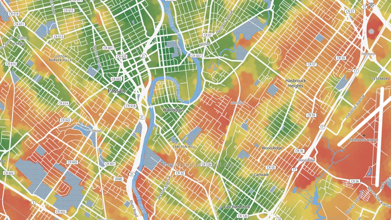 Walk Grade map of Wallington, NJ, walkable areas in green and car-dependent areas in red