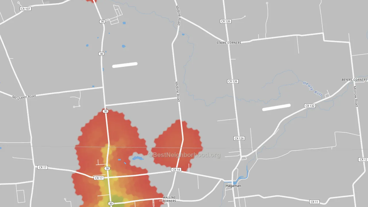 Walk Grade map of Wallins Corner, NY, walkable areas in green and car-dependent areas in red