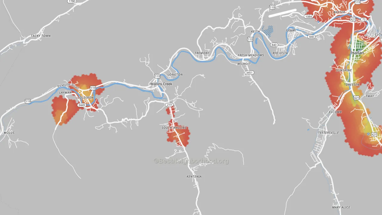 Walk Grade map of Wallins Creek, KY, walkable areas in green and car-dependent areas in red