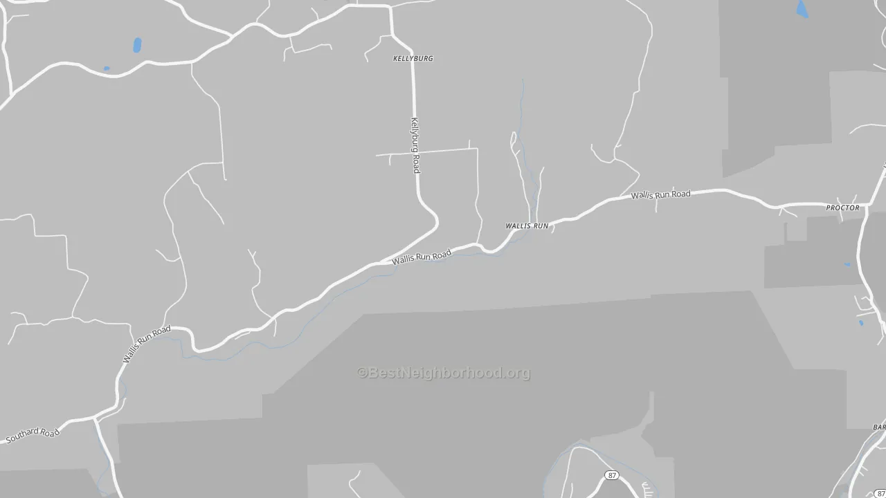 Walk Grade map of Wallis Run, PA, walkable areas in green and car-dependent areas in red