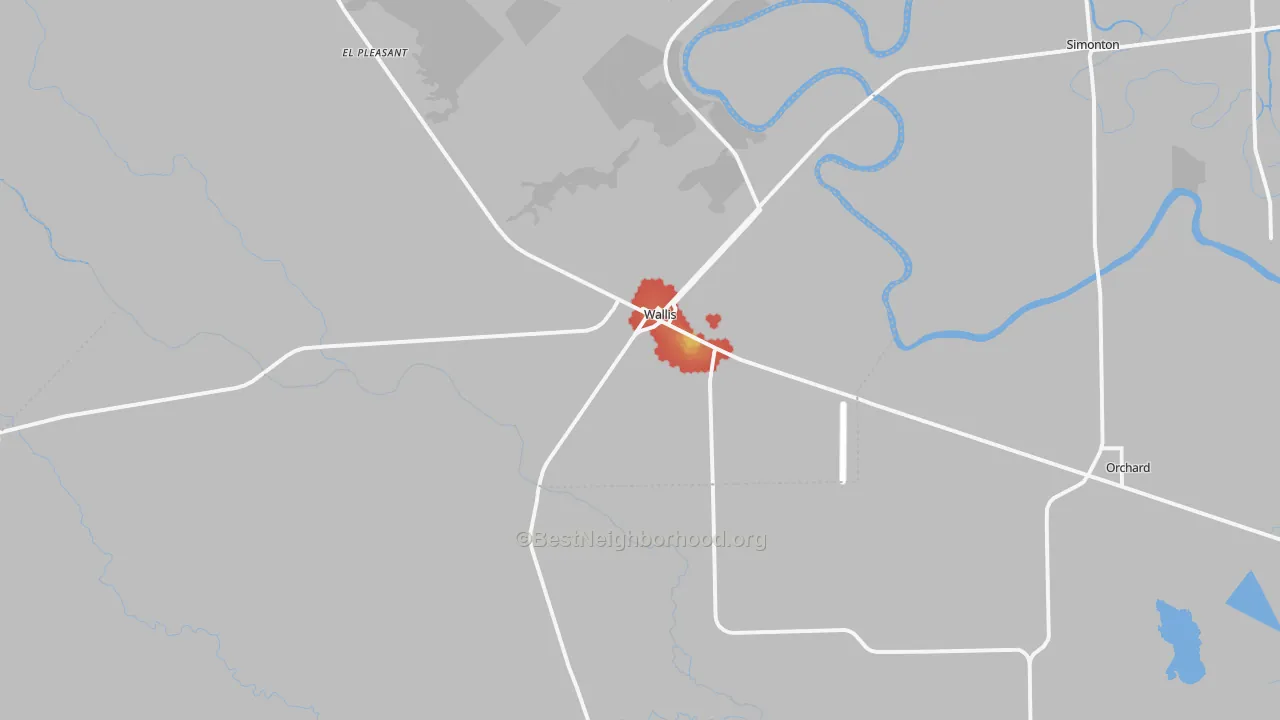 Walk Grade map of Wallis, TX, walkable areas in green and car-dependent areas in red