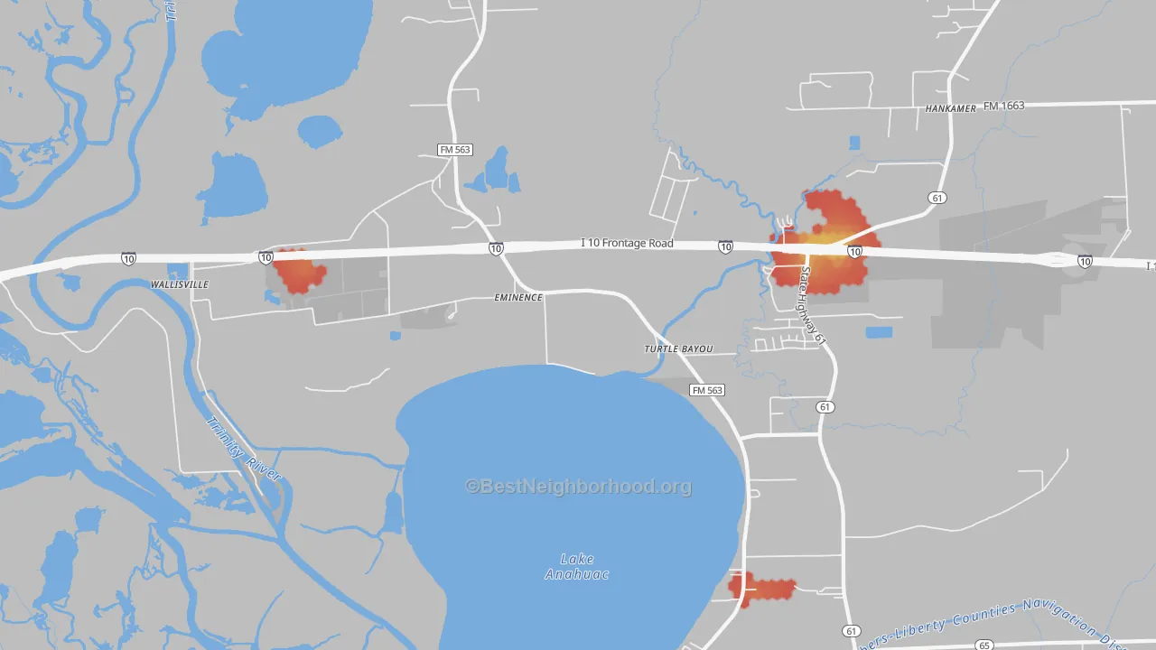 Walk Grade map of Wallisville, TX, walkable areas in green and car-dependent areas in red