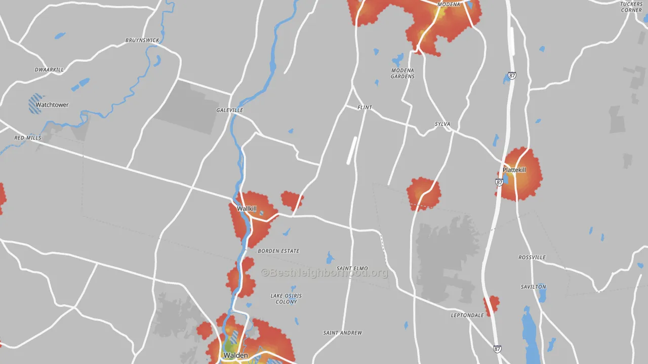 Walk Grade map of Wallkill, NY, walkable areas in green and car-dependent areas in red