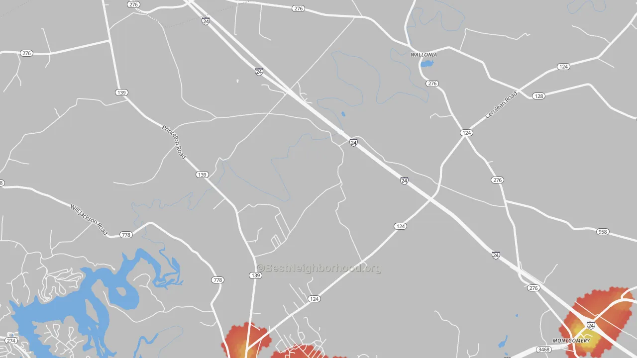 Walk Grade map of Wallonia, KY, walkable areas in green and car-dependent areas in red
