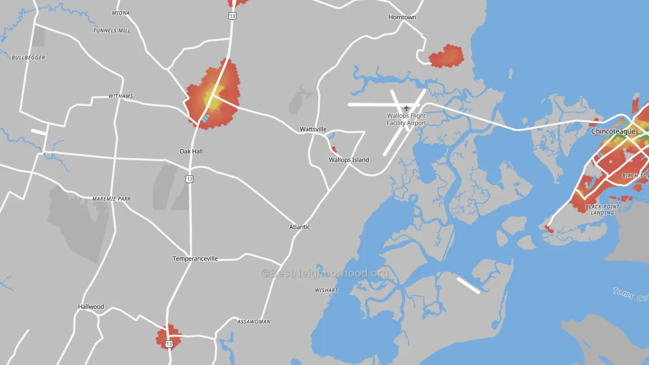 Walk Grade map of Wallops Island, VA, walkable areas in green and car-dependent areas in red