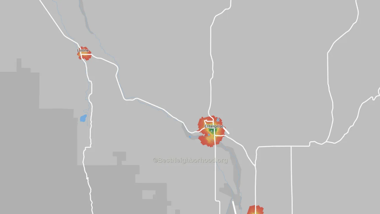 Walk Grade map of Wallowa County, OR, walkable areas in green and car-dependent areas in red