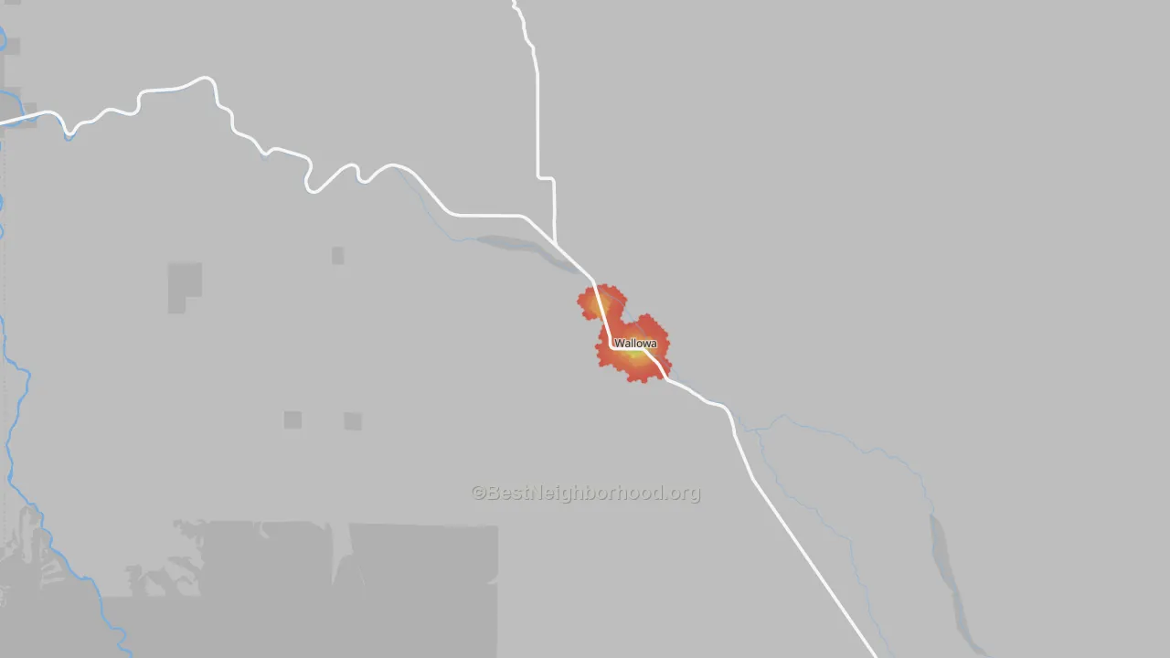 Walk Grade map of Wallowa, OR, walkable areas in green and car-dependent areas in red