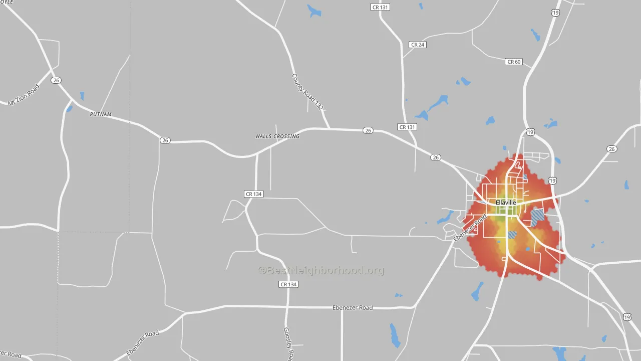 Walk Grade map of Walls Crossing, GA, walkable areas in green and car-dependent areas in red